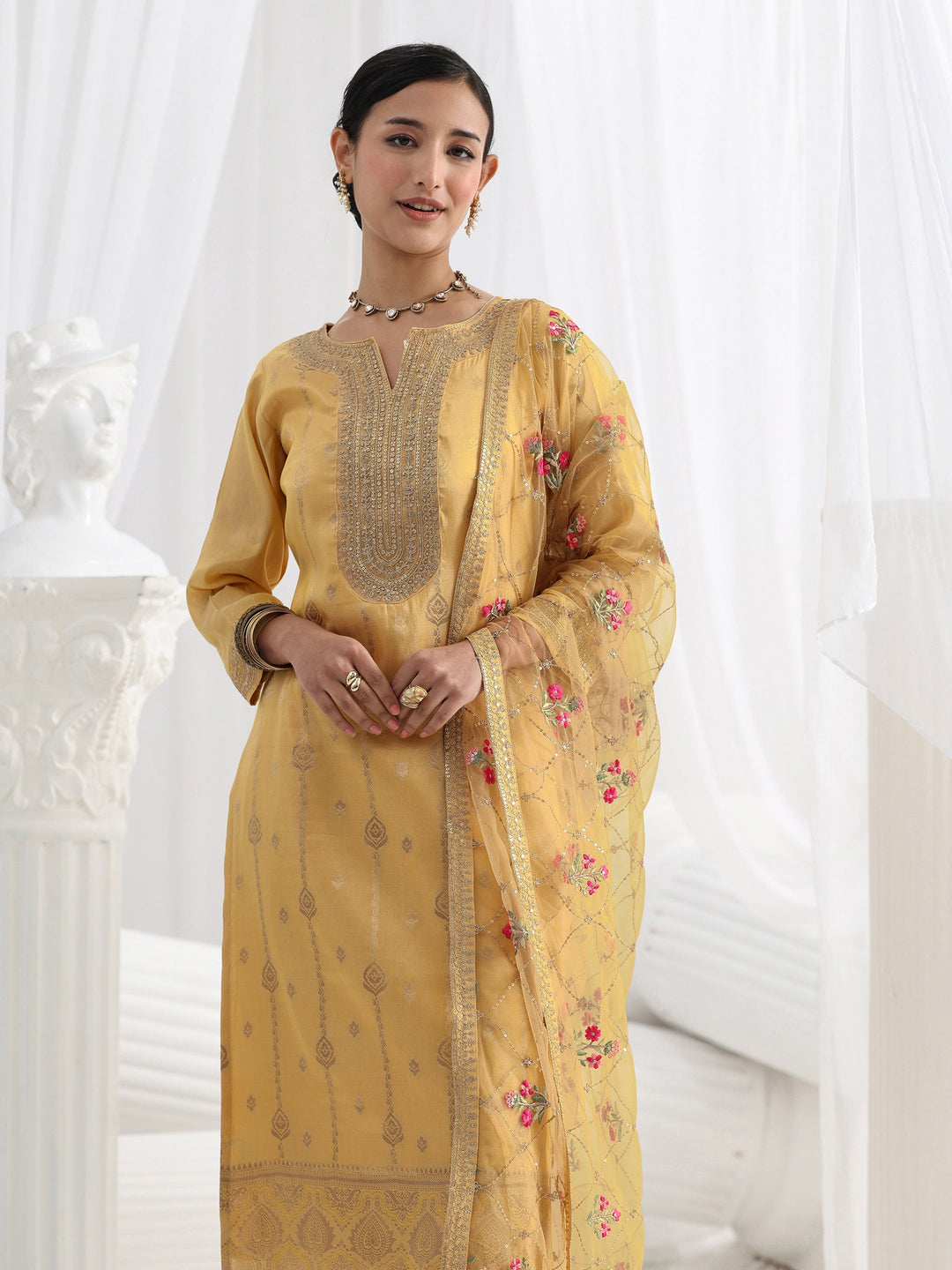Mustard Woven Design Silk Blend Straight Suit Set With Dupatta