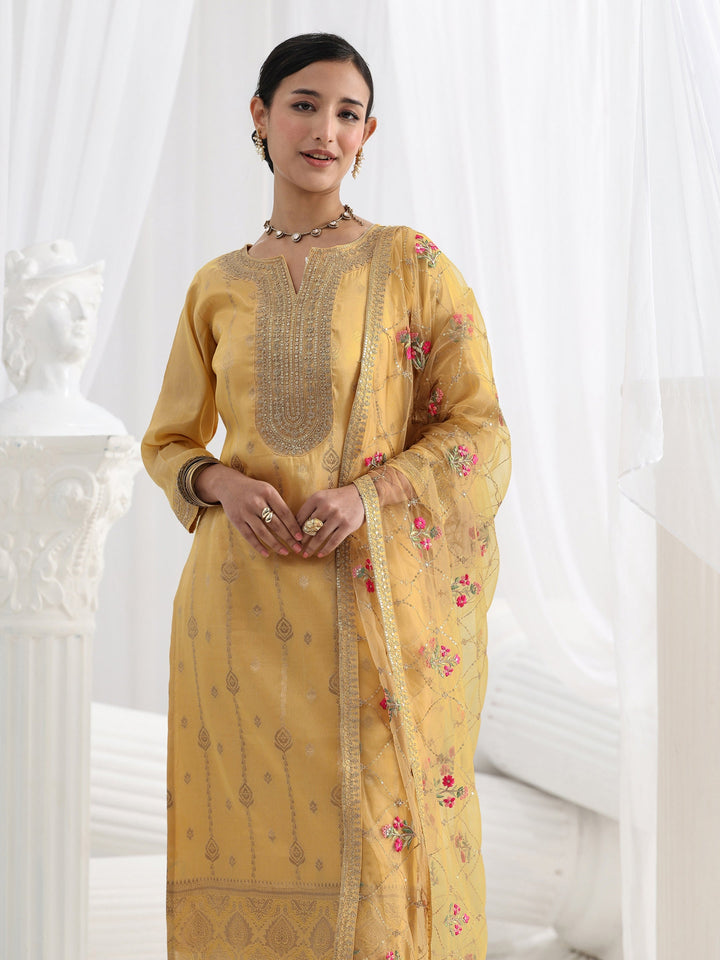 Mustard Woven Design Silk Blend Straight Suit Set With Dupatta