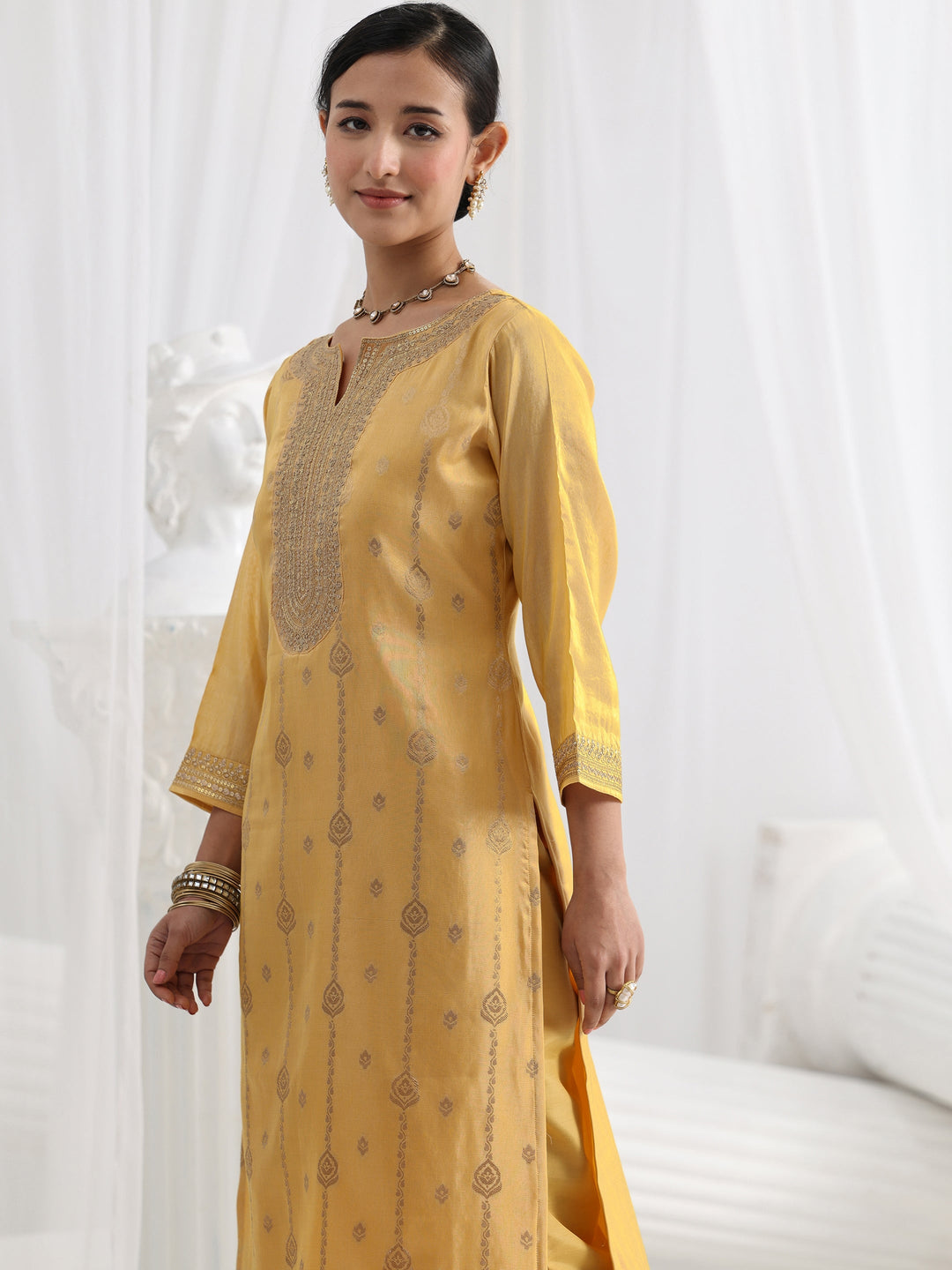 Mustard Woven Design Silk Blend Straight Suit Set With Dupatta
