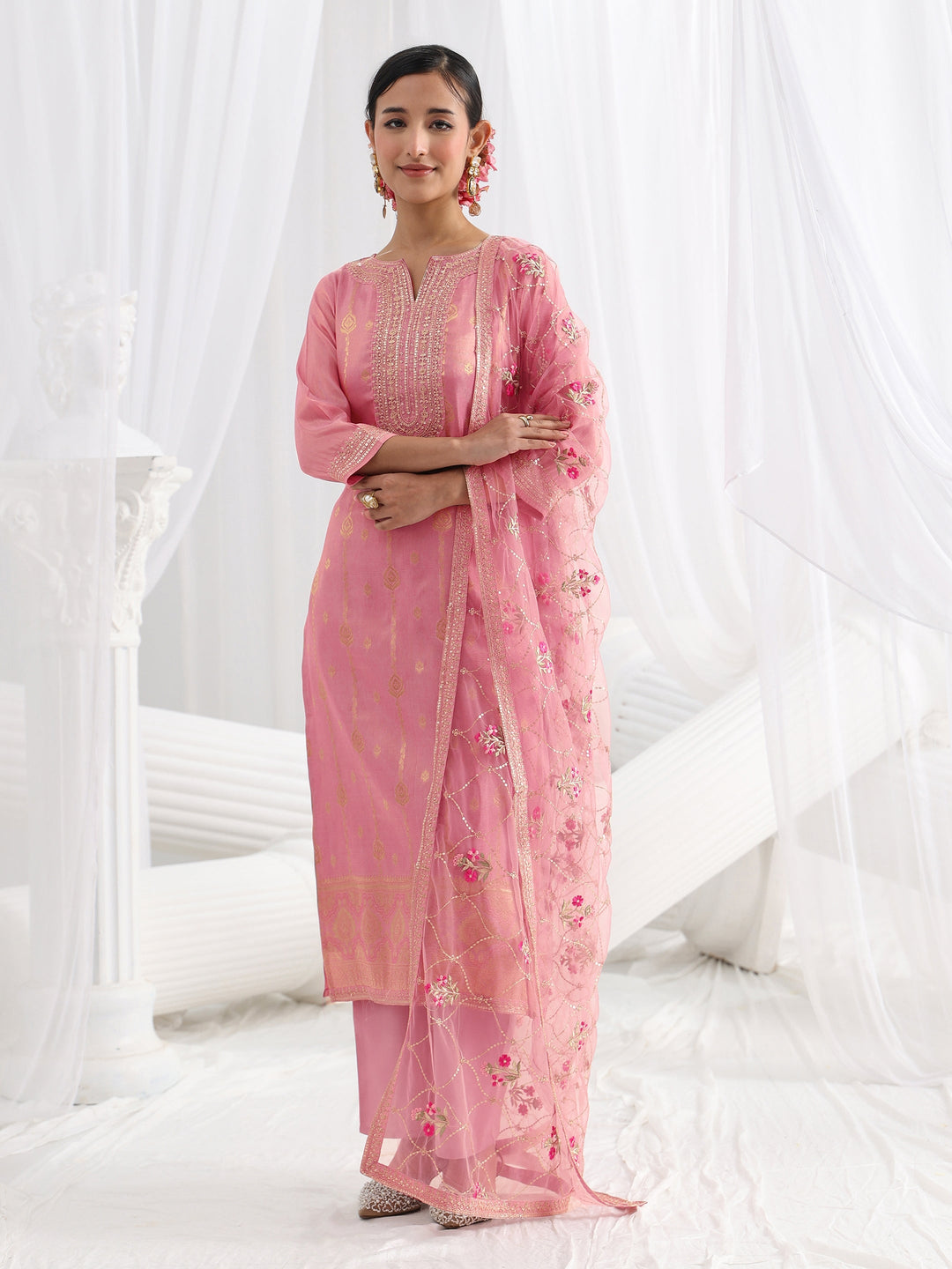 Pink Woven Design Silk Blend Straight Suit Set With Dupatta