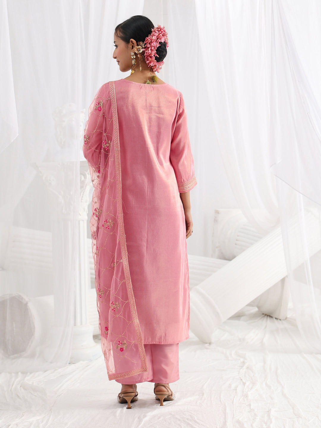Pink Woven Design Silk Blend Straight Suit Set With Dupatta