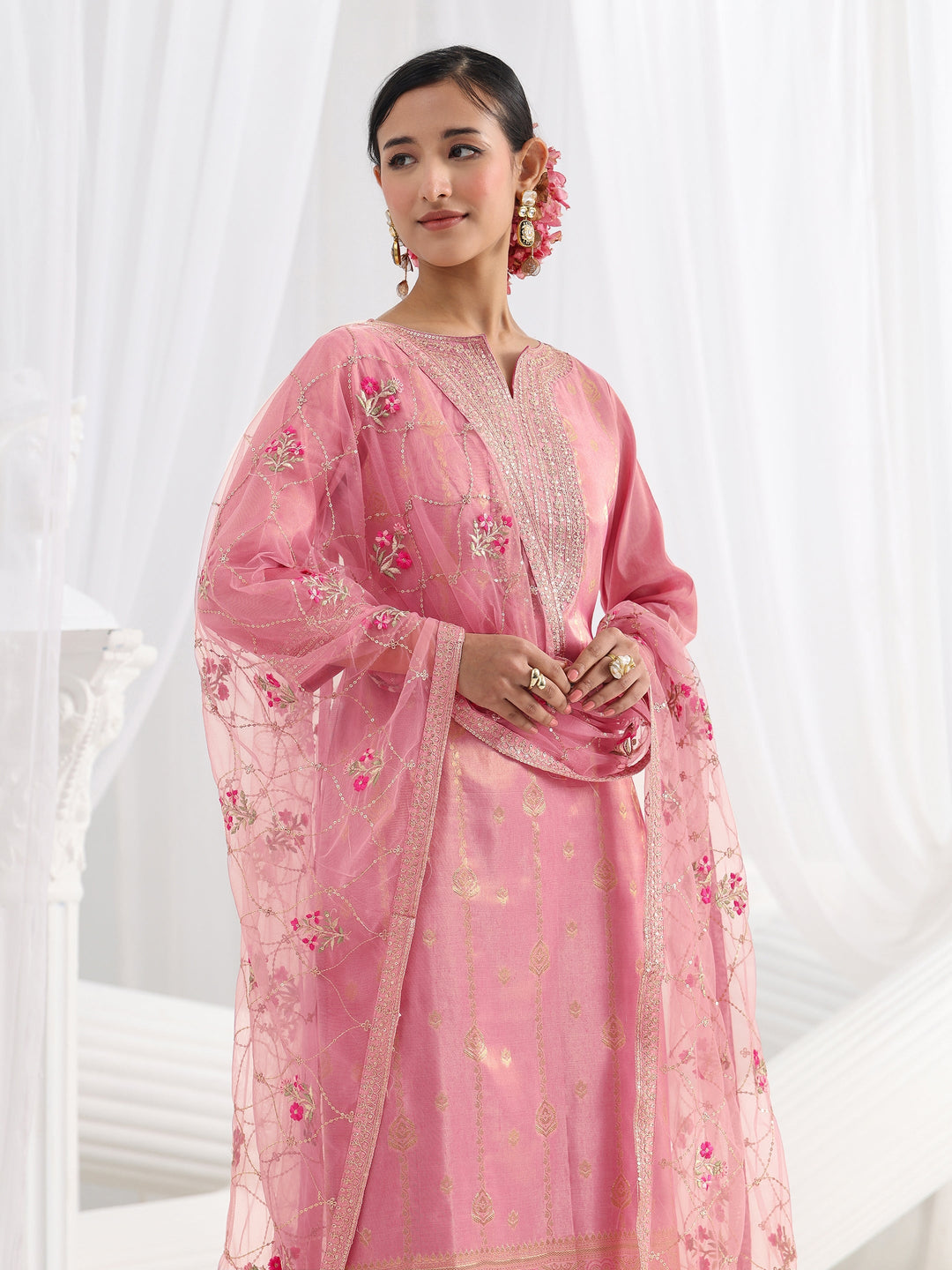 Pink Woven Design Silk Blend Straight Suit Set With Dupatta