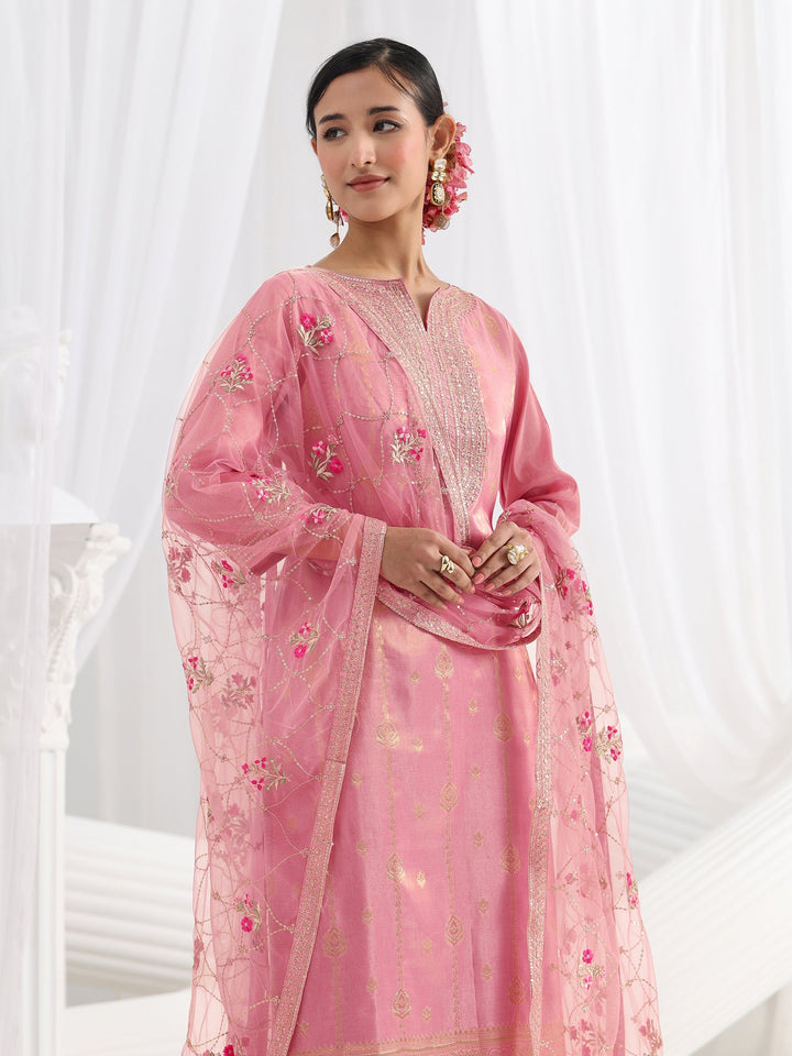 Pink Woven Design Silk Blend Straight Suit Set With Dupatta