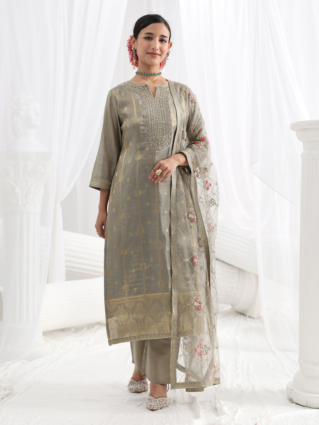 Grey Woven Design Silk Blend Straight Suit Set With Dupatta