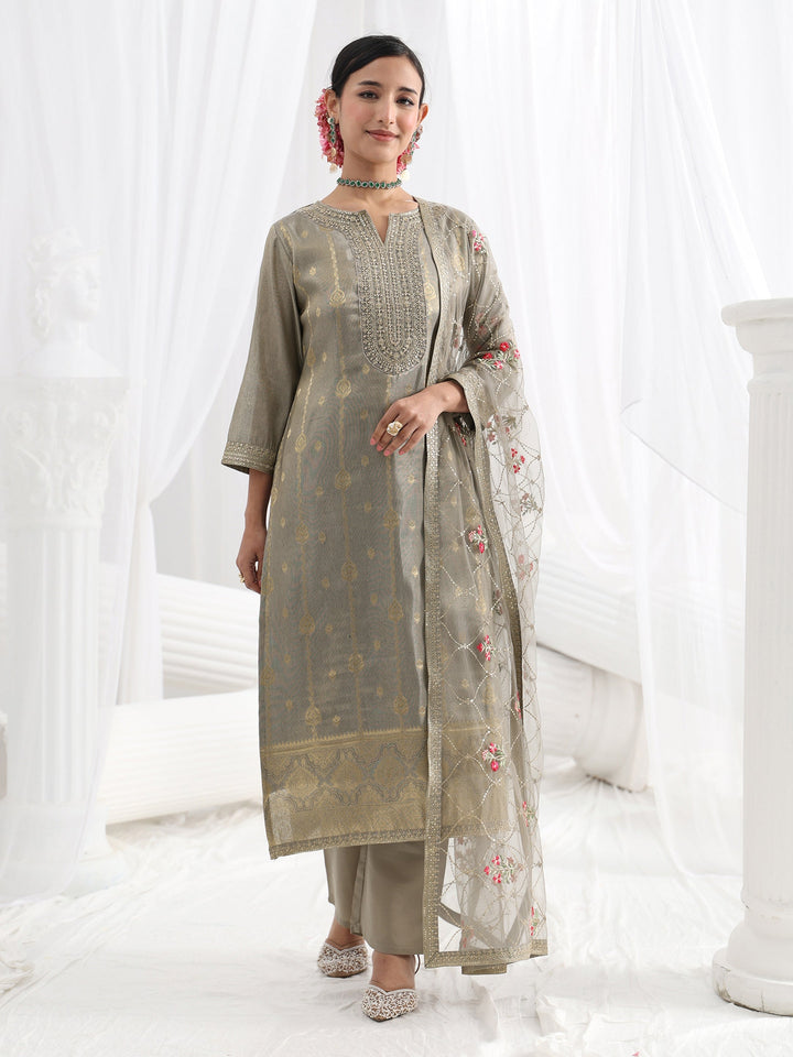 Grey Woven Design Silk Blend Straight Suit Set With Dupatta
