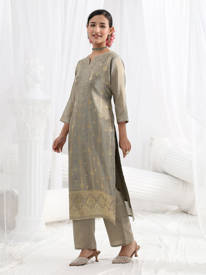 Grey Woven Design Silk Blend Straight Suit Set With Dupatta