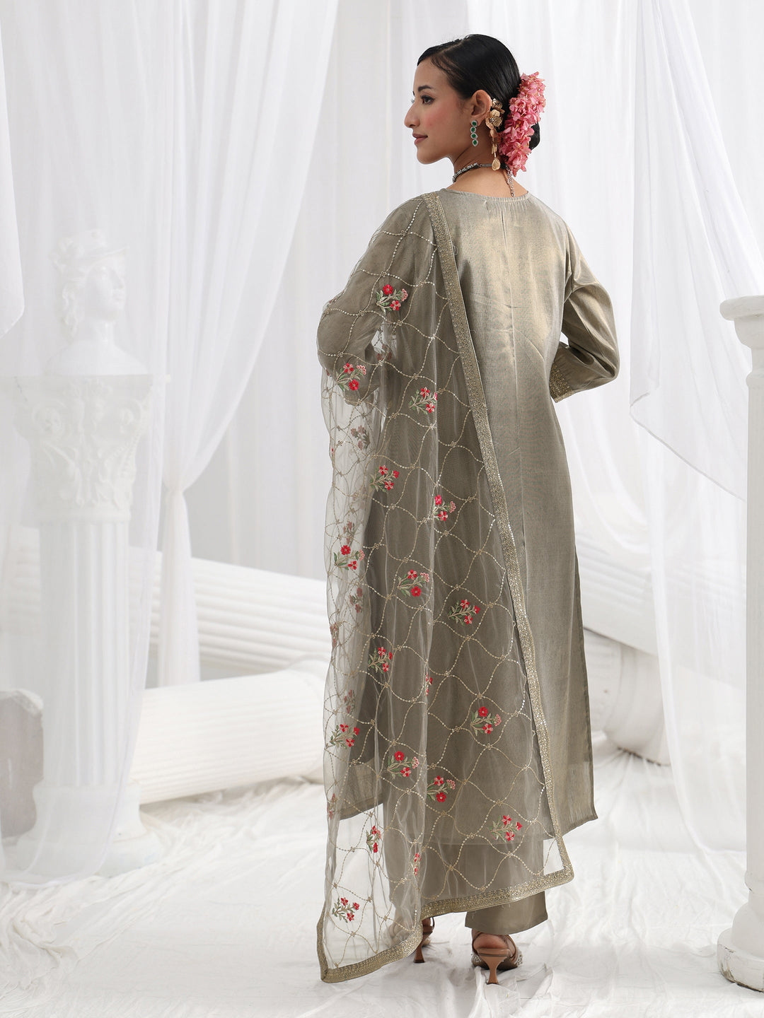Grey Woven Design Silk Blend Straight Suit Set With Dupatta