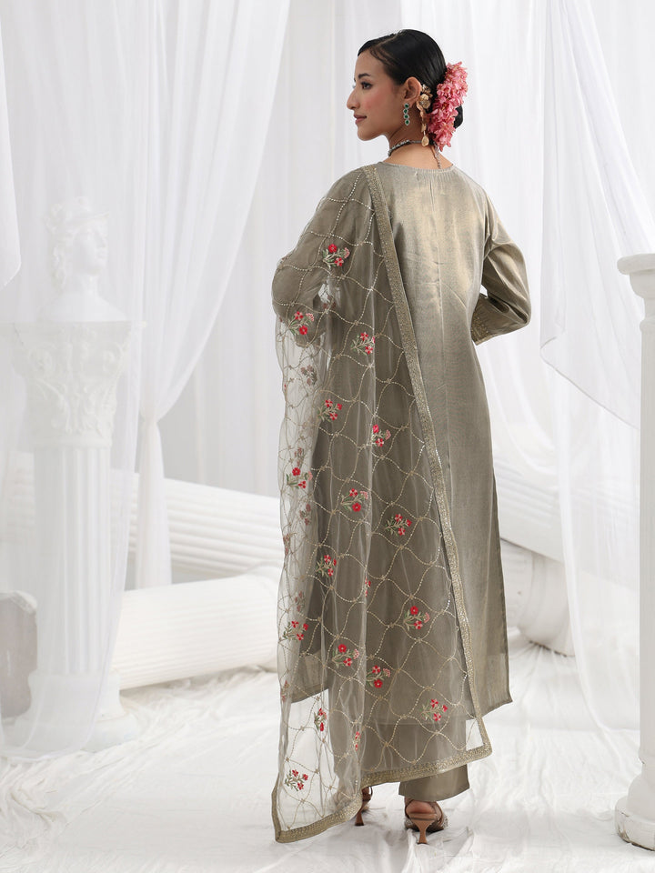 Grey Woven Design Silk Blend Straight Suit Set With Dupatta