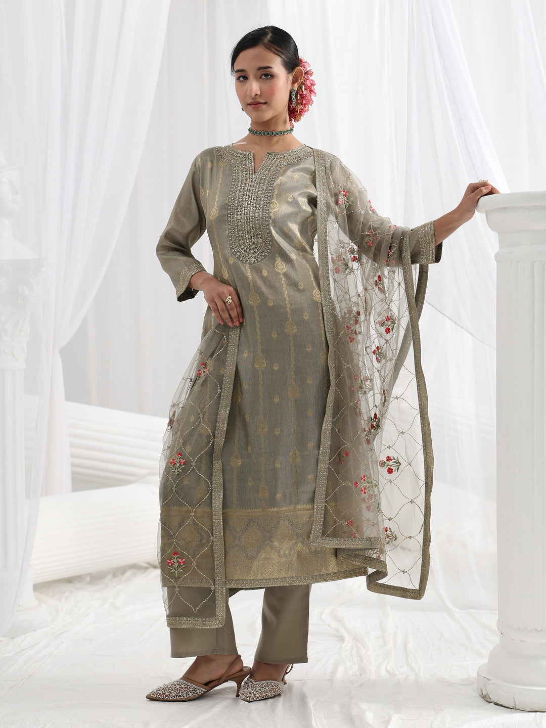 Grey Woven Design Silk Blend Straight Suit Set With Dupatta
