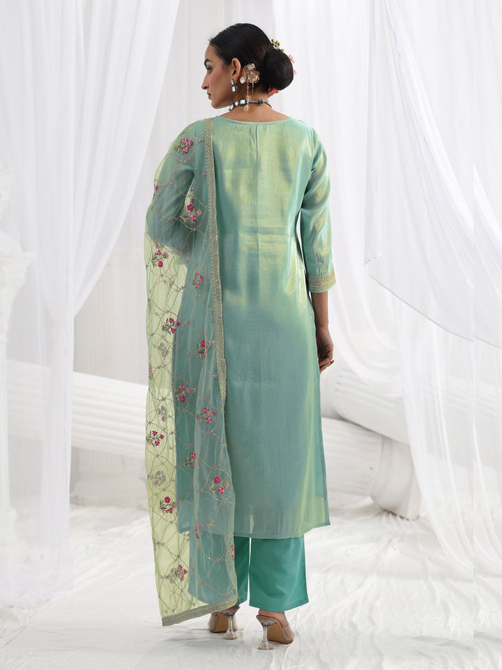 Blue Woven Design Silk Blend Straight Suit Set With Dupatta