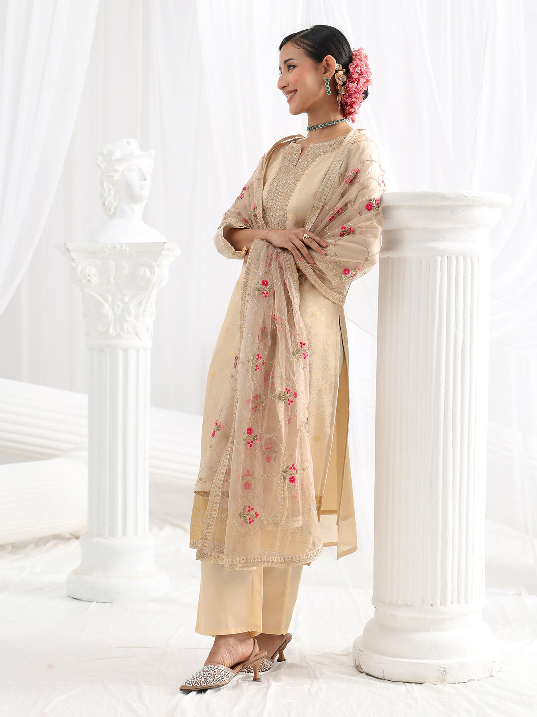 Cream Woven Design Silk Blend Straight Suit Set With Dupatta