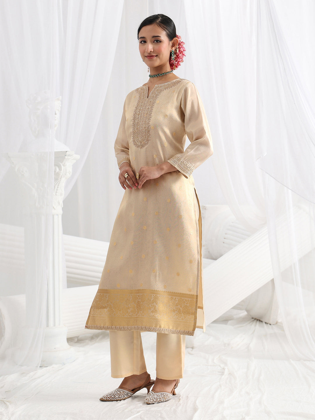 Cream Woven Design Silk Blend Straight Suit Set With Dupatta