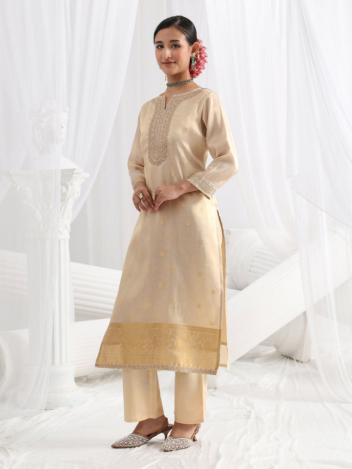 Cream Woven Design Silk Blend Straight Suit Set With Dupatta
