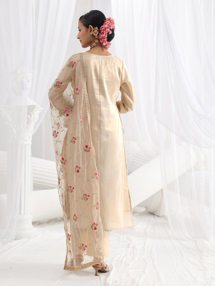 Cream Woven Design Silk Blend Straight Suit Set With Dupatta