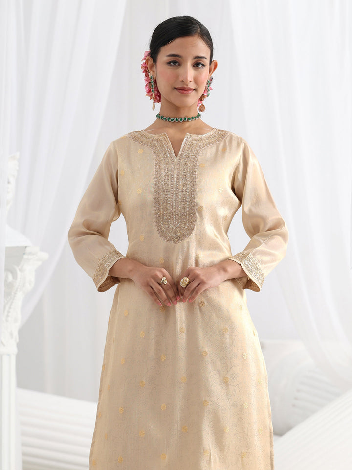 Cream Woven Design Silk Blend Straight Suit Set With Dupatta
