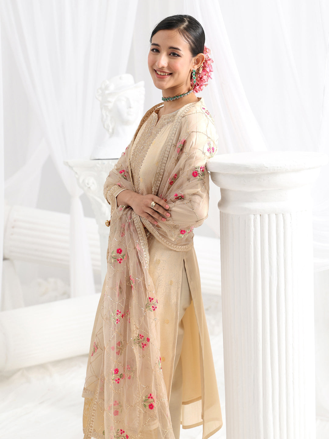 Cream Woven Design Silk Blend Straight Suit Set With Dupatta
