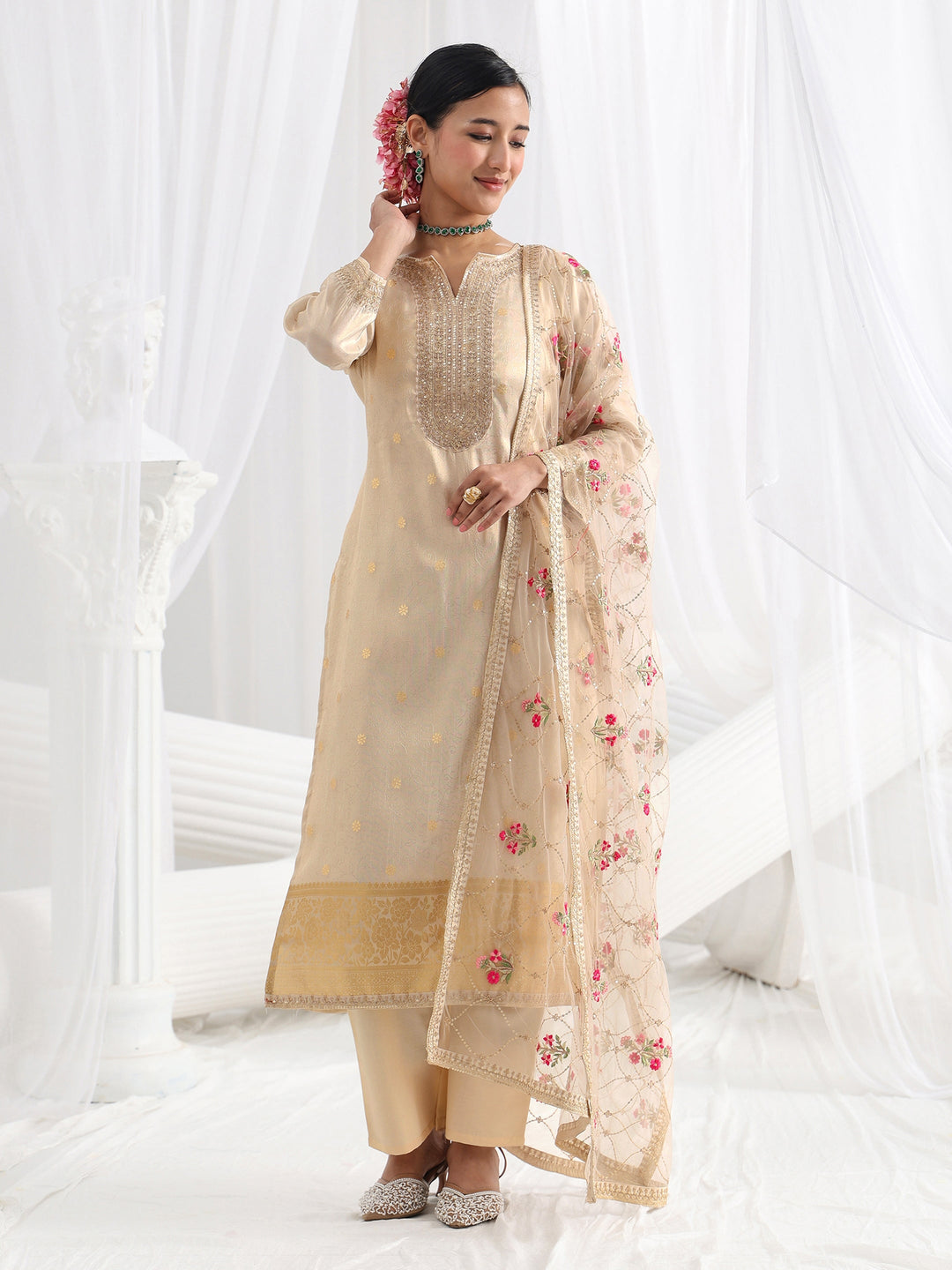 Cream Woven Design Silk Blend Straight Suit Set With Dupatta