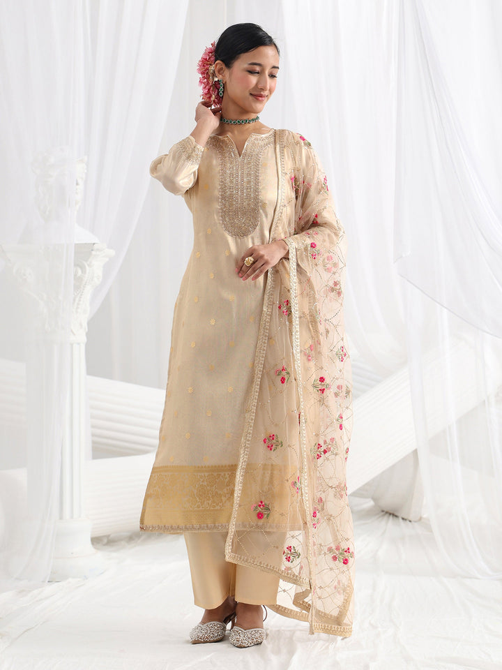 Cream Woven Design Silk Blend Straight Suit Set With Dupatta