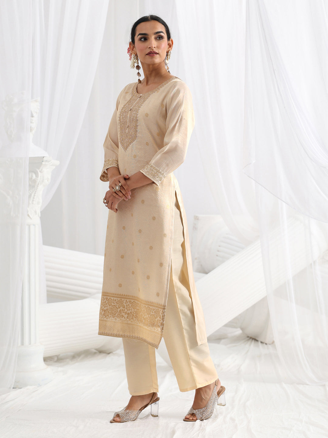 Cream Woven Design Silk Blend Straight Suit Set With Dupatta