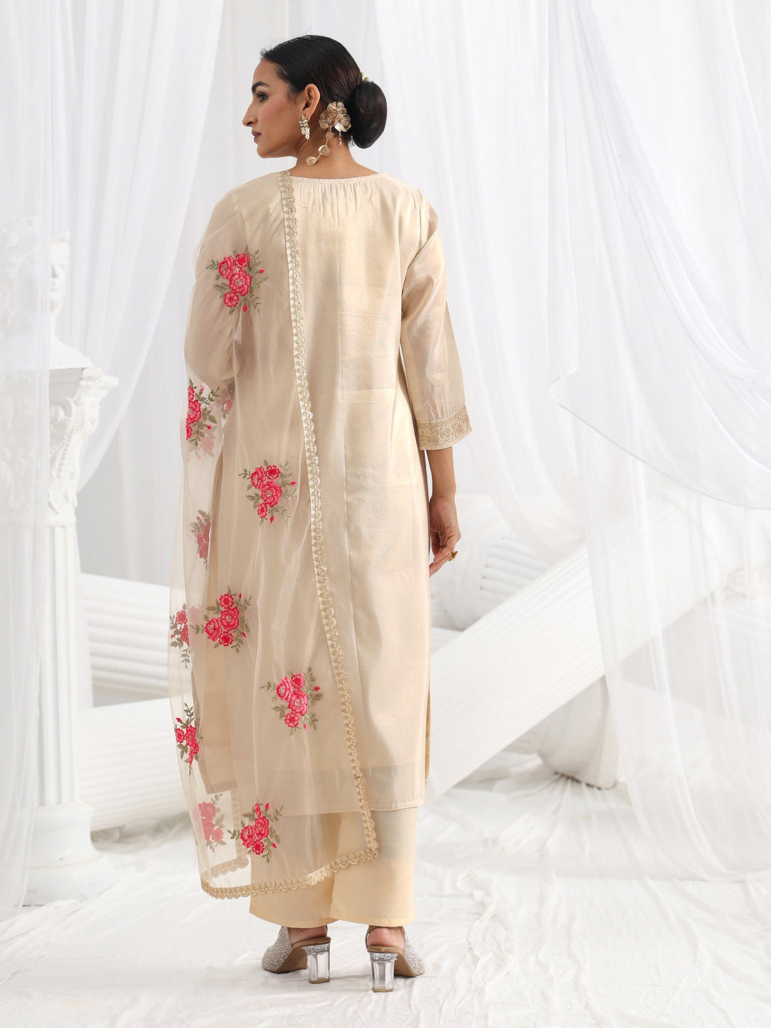 Cream Woven Design Silk Blend Straight Suit Set With Dupatta