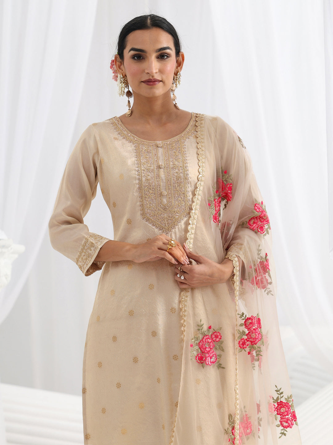 Cream Woven Design Silk Blend Straight Suit Set With Dupatta
