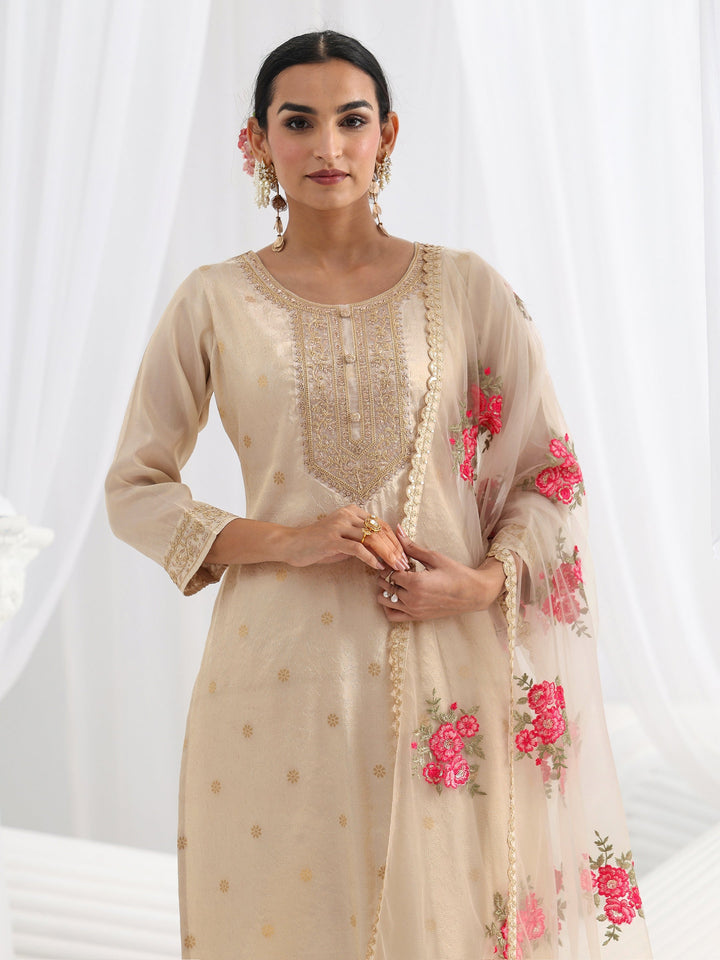 Cream Woven Design Silk Blend Straight Suit Set With Dupatta