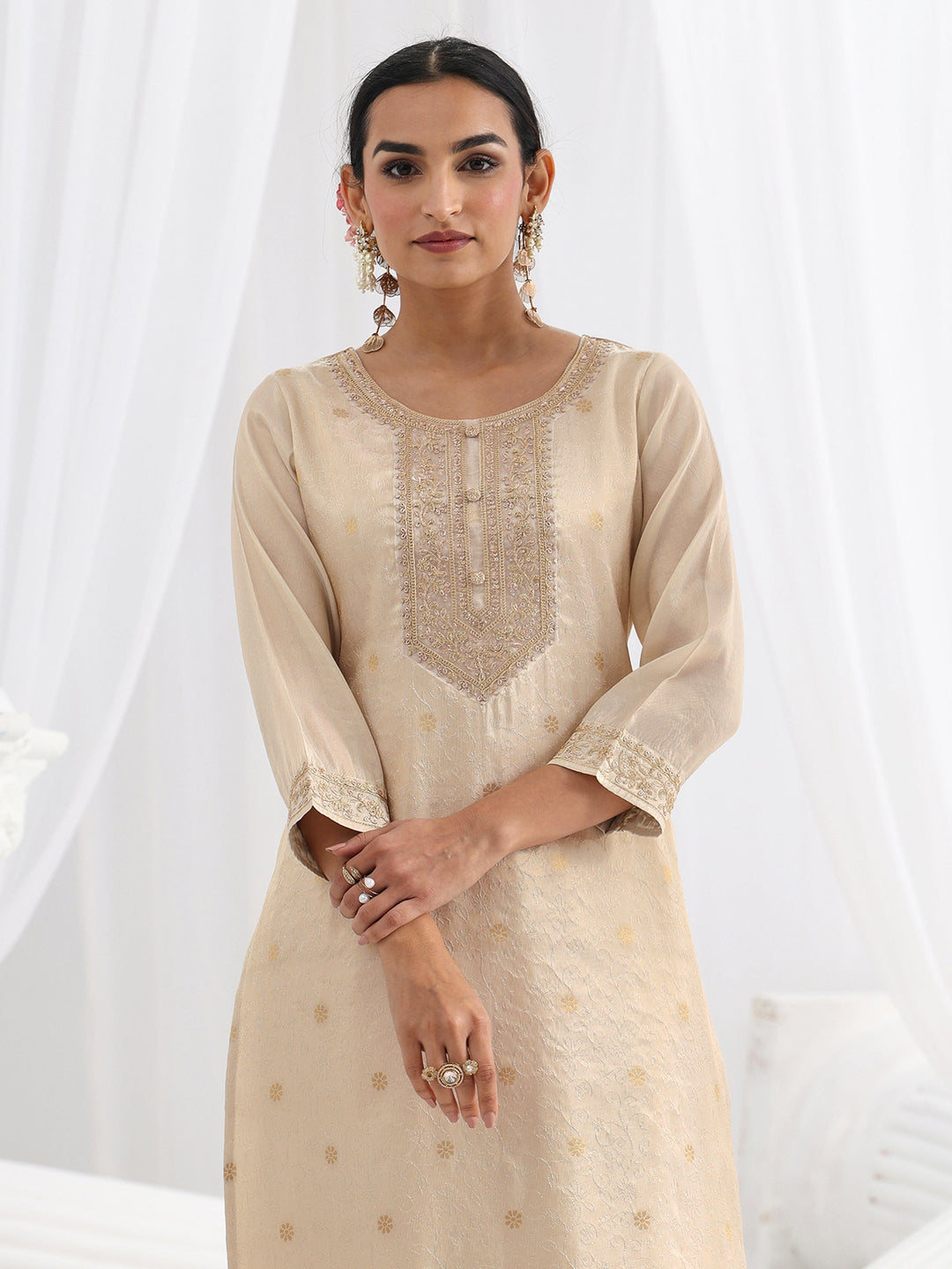 Cream Woven Design Silk Blend Straight Suit Set With Dupatta