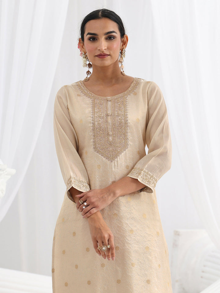 Cream Woven Design Silk Blend Straight Suit Set With Dupatta
