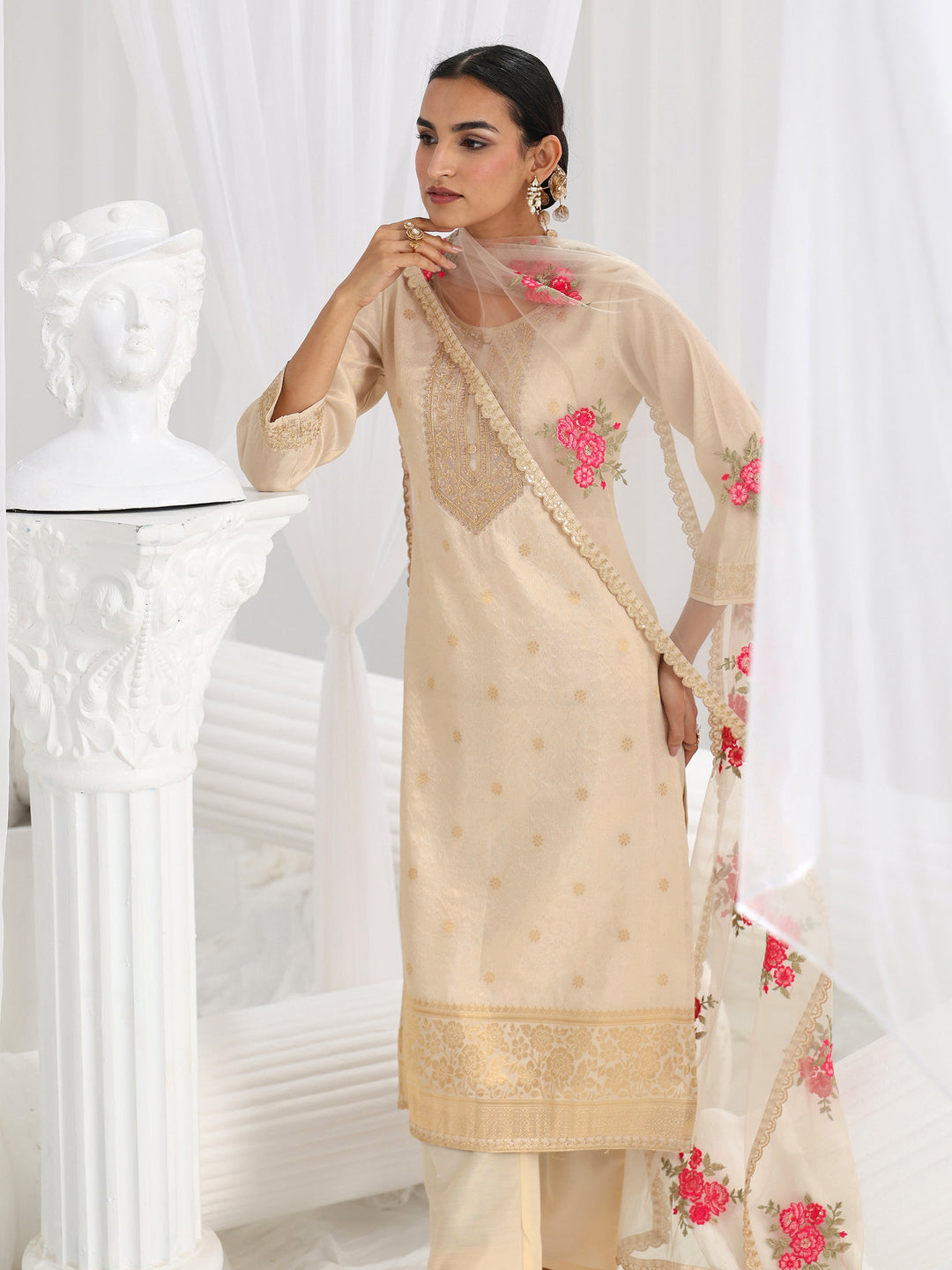 Cream Woven Design Silk Blend Straight Suit Set With Dupatta