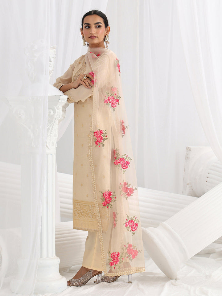 Cream Woven Design Silk Blend Straight Suit Set With Dupatta