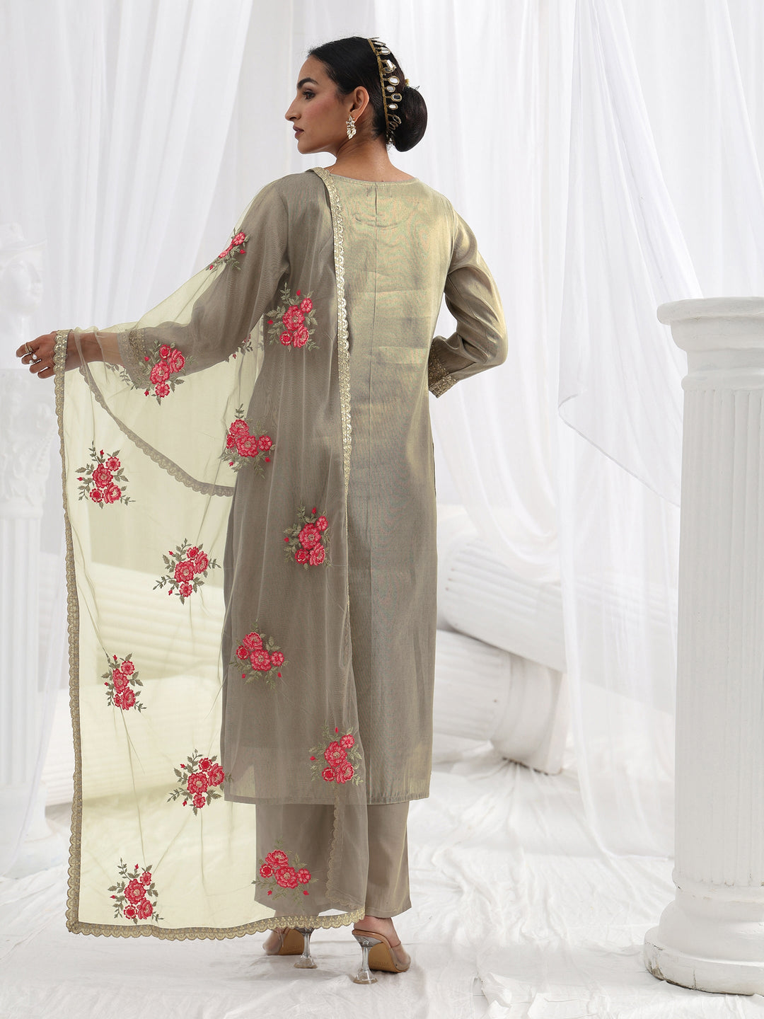 Grey Woven Design Silk Blend Straight Suit Set With Dupatta