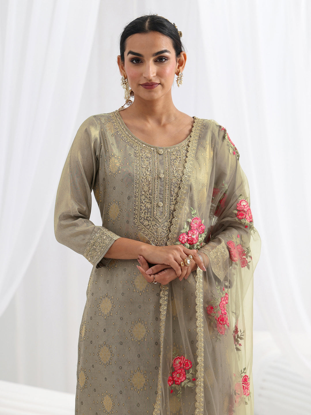 Grey Woven Design Silk Blend Straight Suit Set With Dupatta