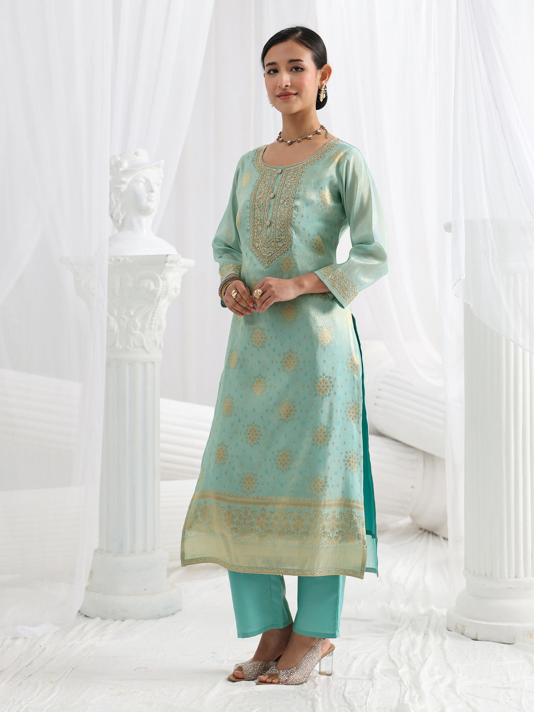Blue Woven Design Silk Blend Straight Suit Set With Dupatta