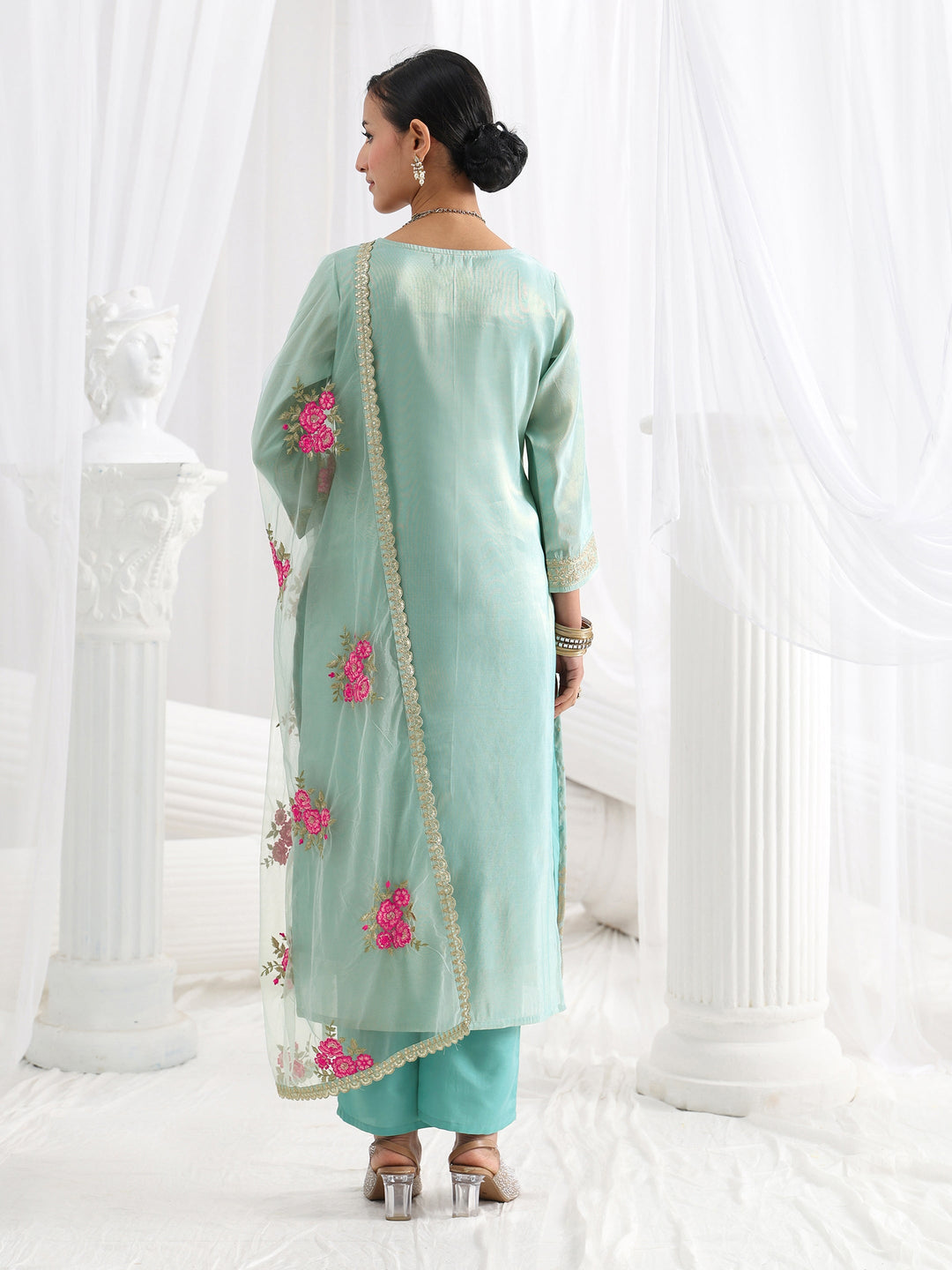 Blue Woven Design Silk Blend Straight Suit Set With Dupatta