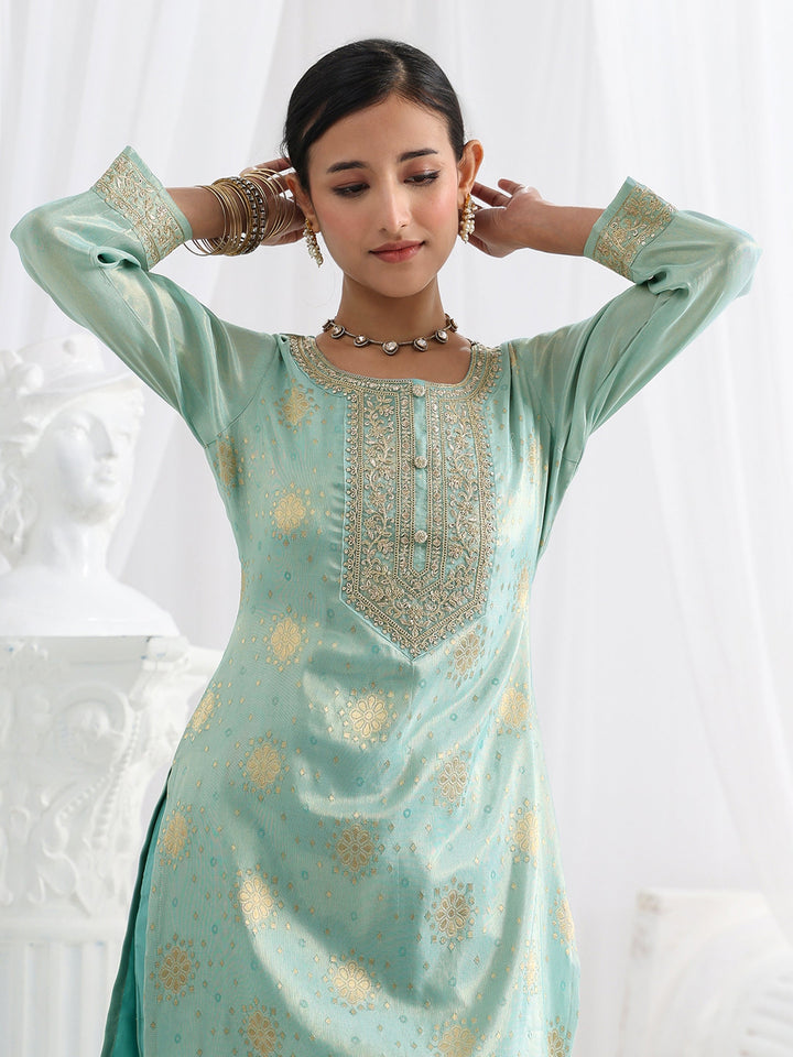 Blue Woven Design Silk Blend Straight Suit Set With Dupatta