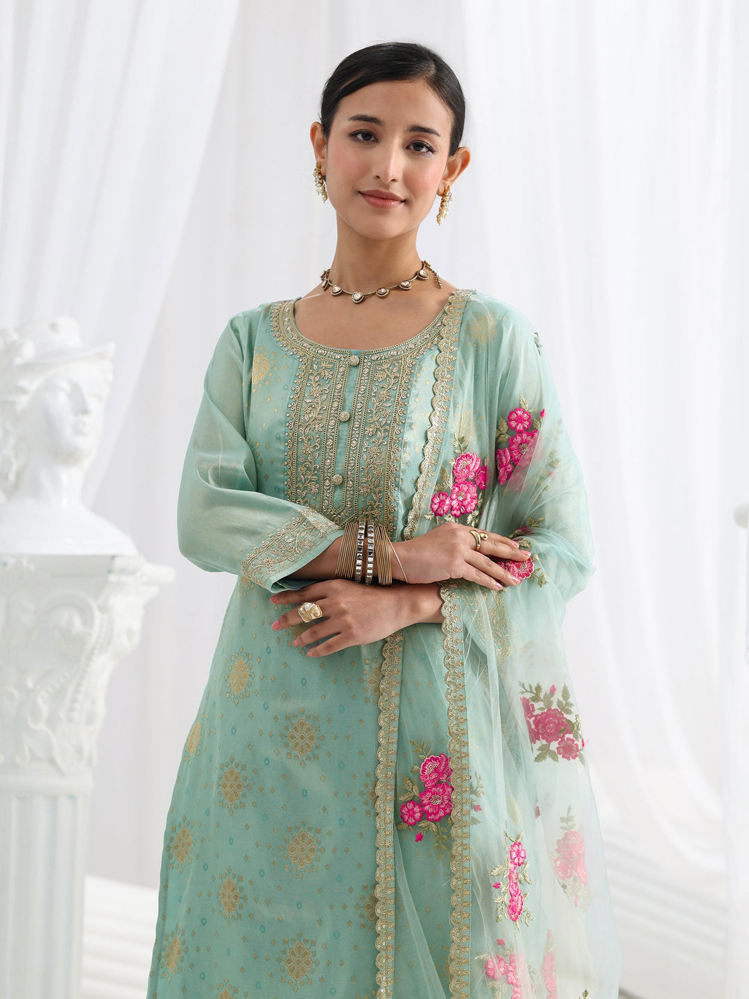 Blue Woven Design Silk Blend Straight Suit Set With Dupatta