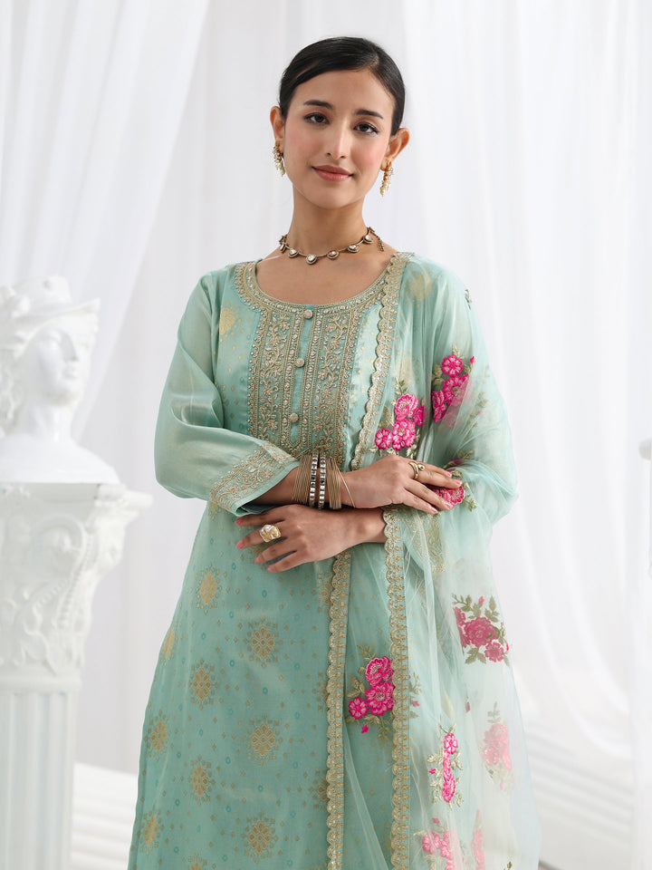 Blue Woven Design Silk Blend Straight Suit Set With Dupatta