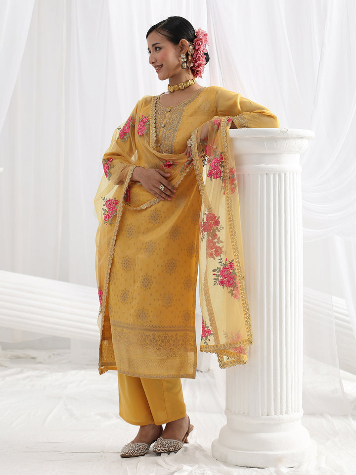 Yellow Woven Design Silk Blend Straight Suit Set With Dupatta
