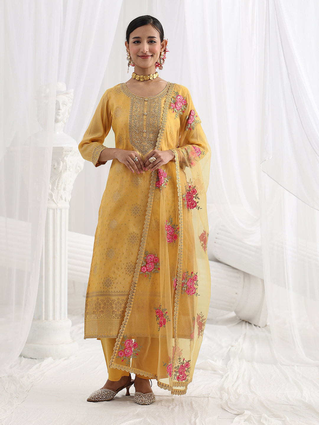 Yellow Woven Design Silk Blend Straight Suit Set With Dupatta