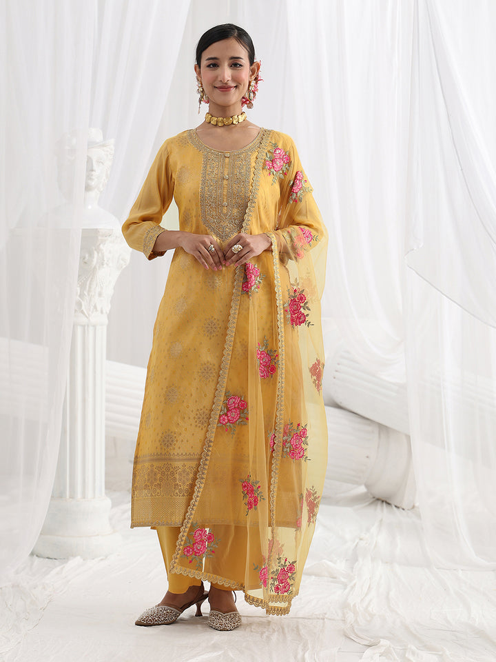 Yellow Woven Design Silk Blend Straight Suit Set With Dupatta