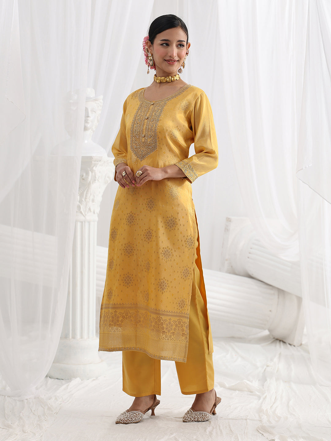 Yellow Woven Design Silk Blend Straight Suit Set With Dupatta