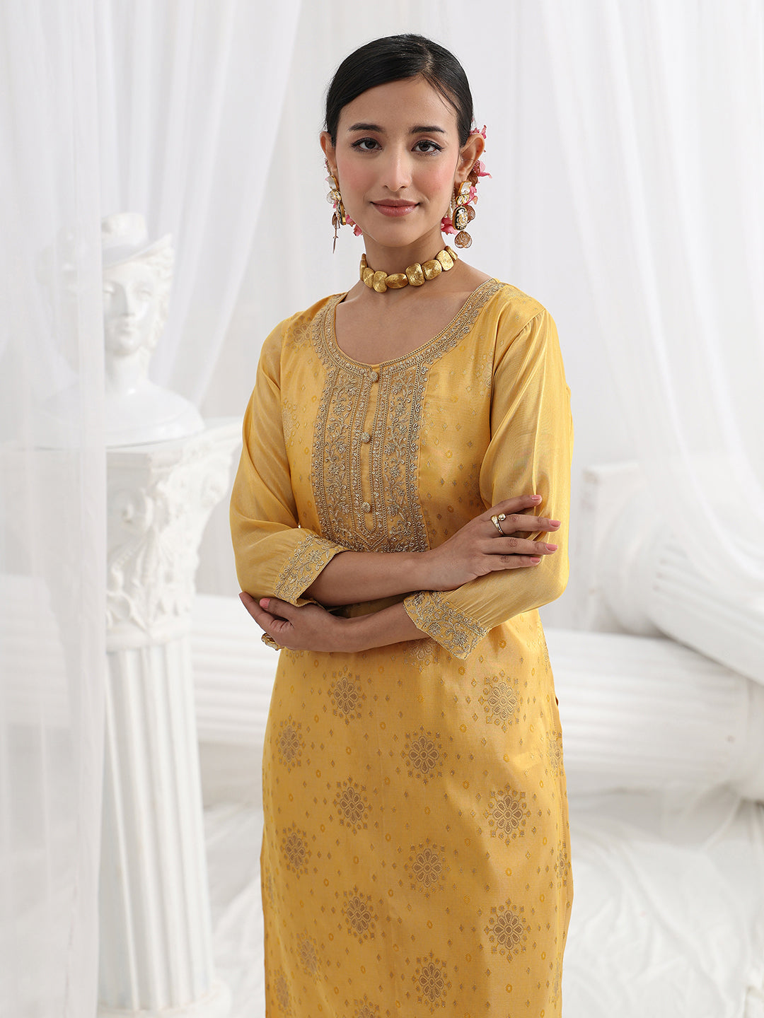 Yellow Woven Design Silk Blend Straight Suit Set With Dupatta