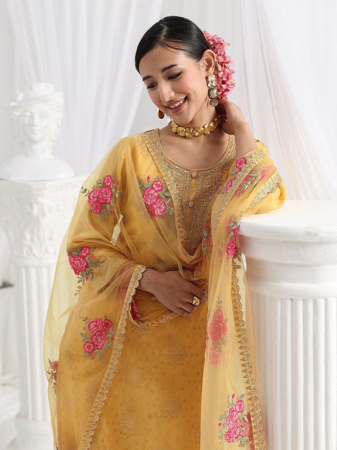 Yellow Woven Design Silk Blend Straight Suit Set With Dupatta