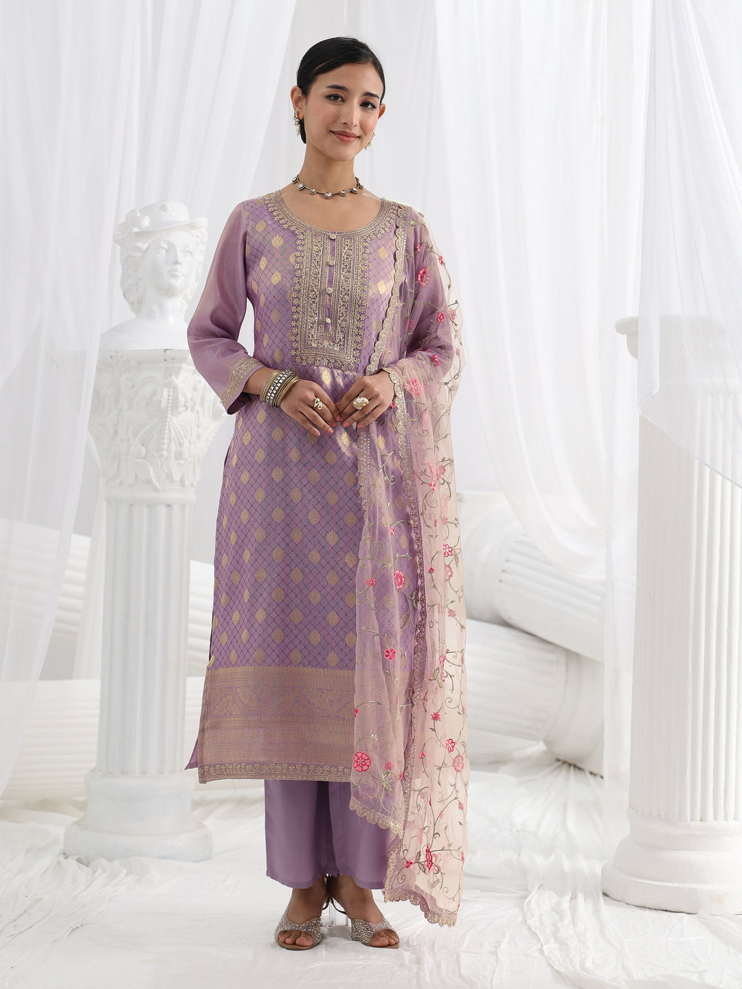 Lavender Woven Design Silk Blend Straight Suit Set With Dupatta