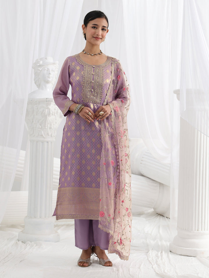 Lavender Woven Design Silk Blend Straight Suit Set With Dupatta