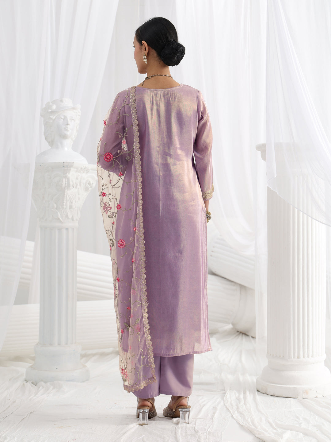 Lavender Woven Design Silk Blend Straight Suit Set With Dupatta