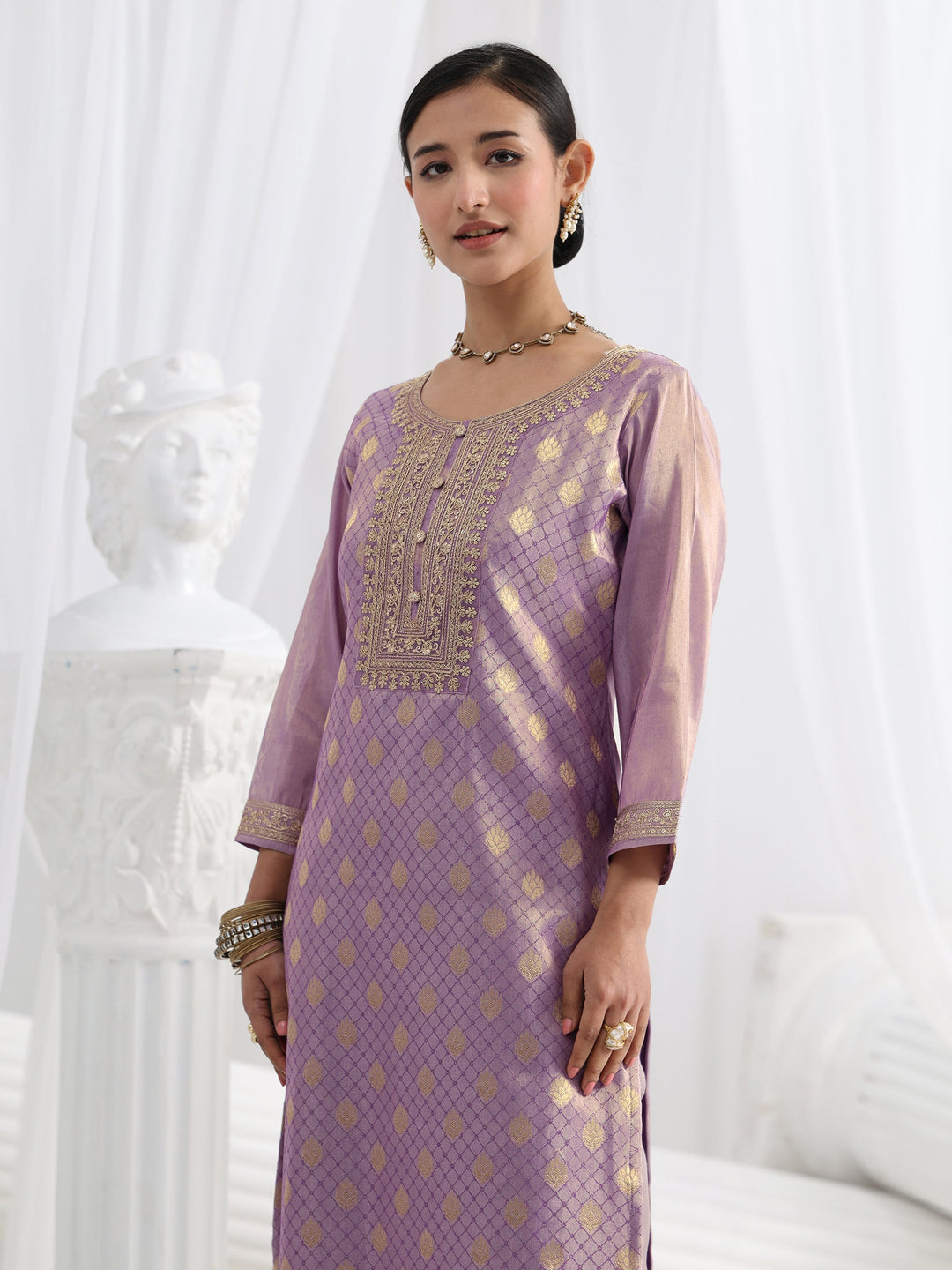 Lavender Woven Design Silk Blend Straight Suit Set With Dupatta