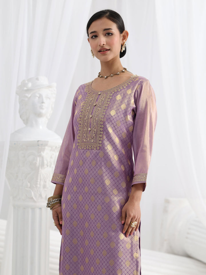 Lavender Woven Design Silk Blend Straight Suit Set With Dupatta