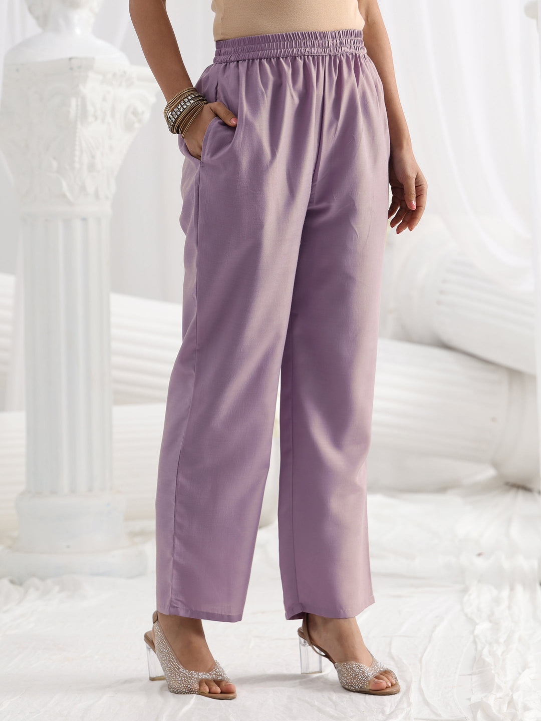 Lavender Woven Design Silk Blend Straight Suit Set With Dupatta