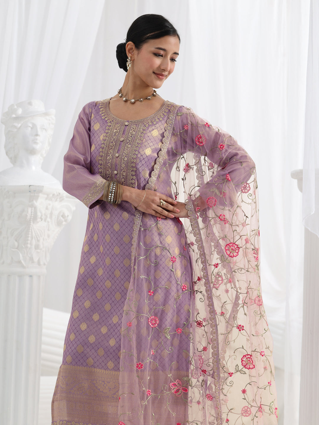 Lavender Woven Design Silk Blend Straight Suit Set With Dupatta